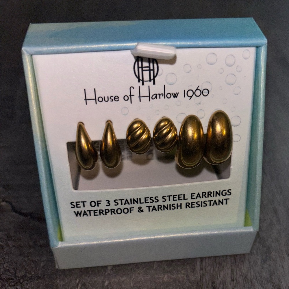 🦋NEW House of Harlow 1960 Gold Stainless Steel Earrings Trio